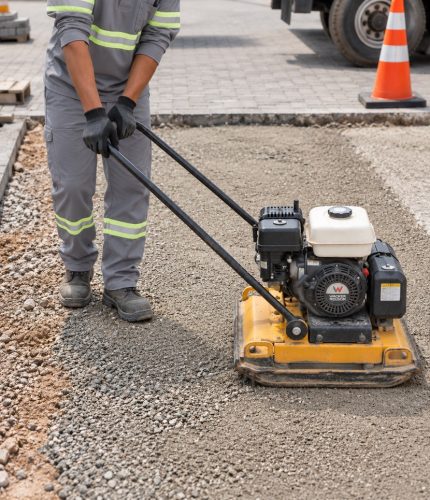 Instalação das contenções laterais, nivelamento e compactação da base.
