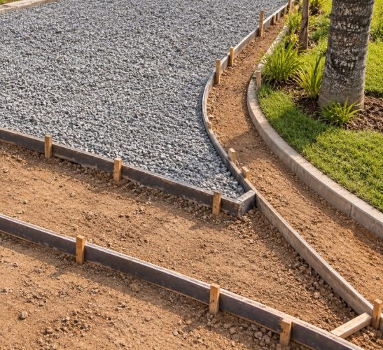 Nivelamento e compactação do subleito, colocação de brita, instalação de fôrmas e telas de aço.